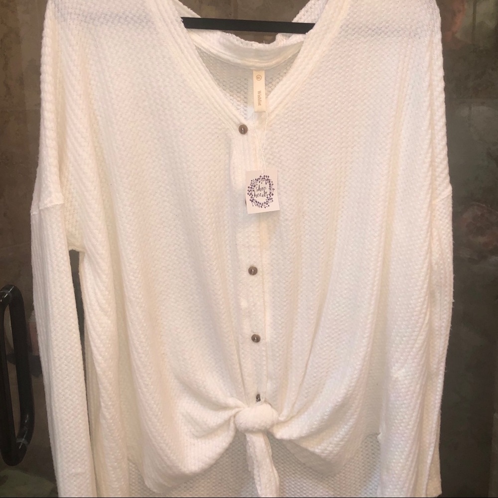 Ivory Waffle Knit Tie Bottom Top